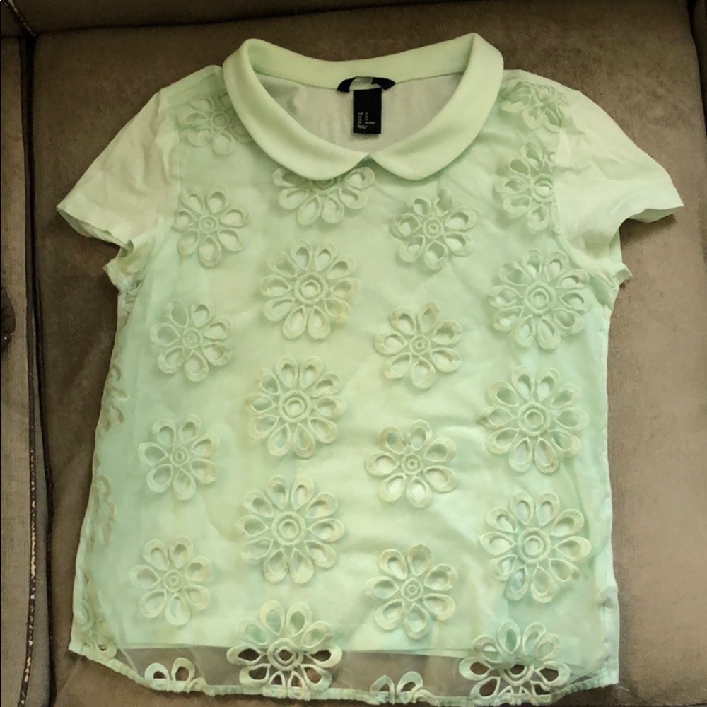 Collared mint green lace overlay top